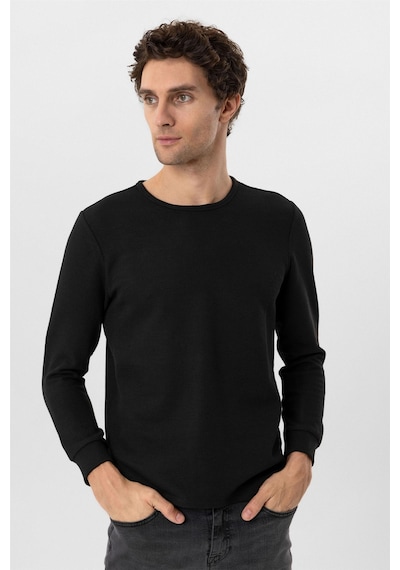 Süvari Siyah Slim Fit Armürlü Bisiklet Yaka Triko Kazak-36351 Siyah