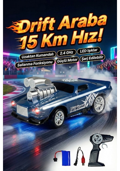 Uzaktan Kumandalı Drift Arabası Rc Araba Işıklı Şarjlı 15 Km/h Hızlı Oyuncak Araba Mavi