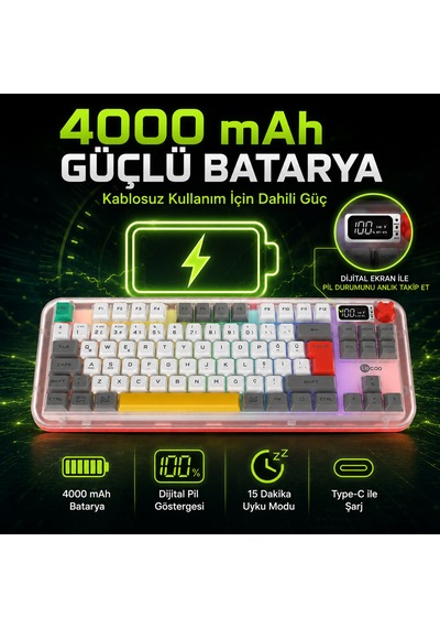 Lecoo Gk302 Üç Modlu Rgb Kablosuz 85 Tuşlu Türkçe Q Membran Oyuncu Klavyesi Beyaz Gri