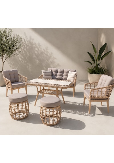 Rattan Bahçe Ve Balkon Mobilyası Tiena Model 3+1+1 Krem