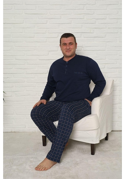 Pijamoni Erkek Battal Düğme Yaka Penye Uzun Kol Pijama Takımı 6720/15 - 1 Adet Lacivert