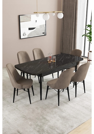 Familieconcept Almira Serisi, Siyah Mermer Desen 80x132 Açılabilir Mdf Mutfak Masası Takımı 6 Adet Sandalye Cappucino Familieconcept Almira Serisi, Siyah Mermer Desen 80x132 Açılabilir Mdf Mutfak Masası Takımı 6 Adet Sandalye Cappucino