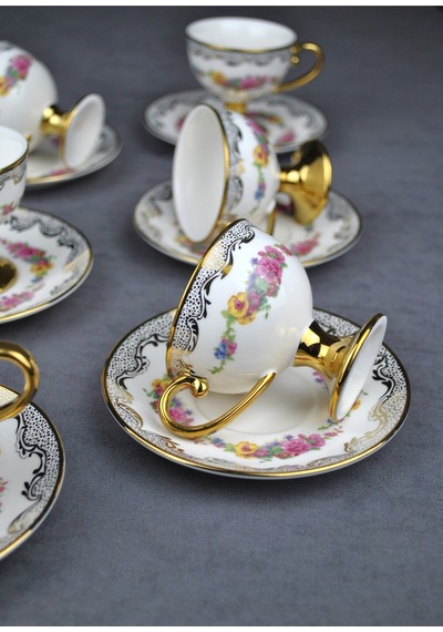 6 Kişilik Porselen Pembe Çiçekli Vintage Gold Ayaklı Kahve Fincan Takımı 90 Ml