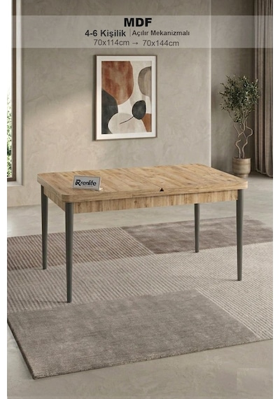 Renlife 70x114 Cm Açılır Mdf Mutfak Masası 4-6 Kişilik Modern Yemek Masası Çam Mdf