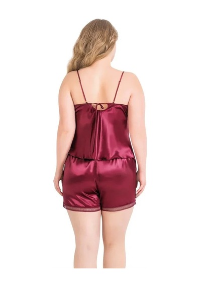 Ang Butik Kadın Büyük Beden Bordo Saten Babydoll Şort Takımı