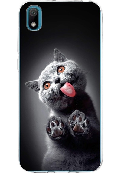Huawei Y5 2019 İle Uyumlu 1mm Slim Fit Kedi 2 050c Baskılı Şeffaf Kılıf Şeffaf