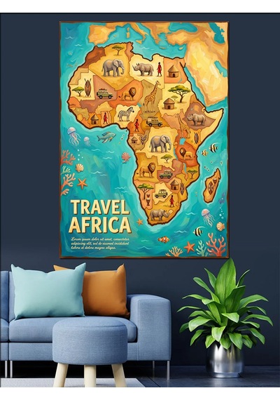 Afrika Haritası Seyahat Poster Tablosu Dekoratif Kanvas - Mdf Ahşap Tablo Çok Renkli