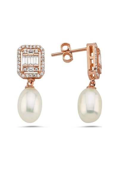9,5 Mm Baget Zirkon Taş Doğal İnci Sallantılı Küpe Rose Rose