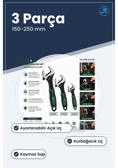 İngiliz Anahtar Seti 3 Parça Ayarlanabilir Açık Uç Kurbağacık 250