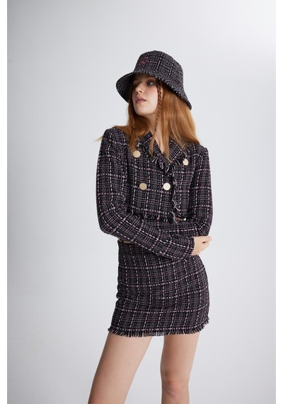 Holly Lolly Tüvit Kumaş Crop Tweed Ceket Siyah