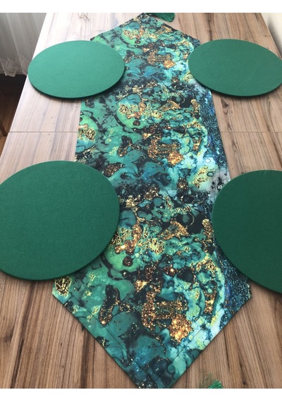 Yeşil Gold Malakit Desenli Runner & Supla Çok Renkli