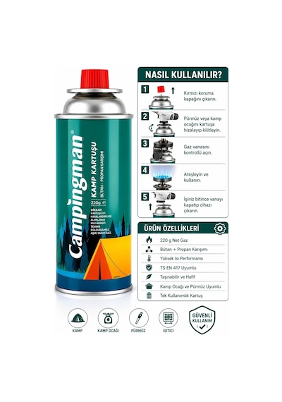 Tub Shop 24 Lü Gaz Kartuşu 24 Adet 220 Gr Kamp Gazı Kartuş Seti Bütan Propan Kamp Gazı Yeşil