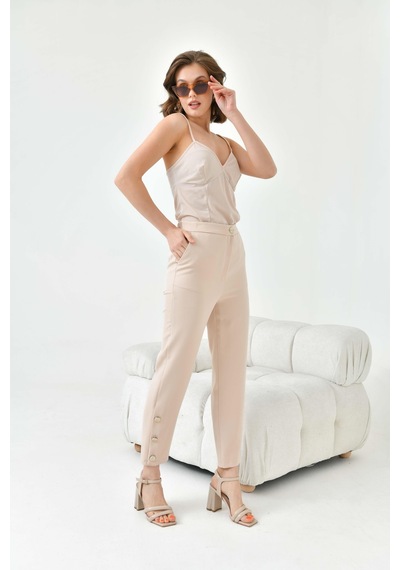 Ftz Women Kadın Dar Paça Düğmeli Pantolon Beige 30779-Beige Bej