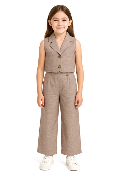 Merdia Kids Kız Çocuk Keten Yelek Ve Pantolonlu 2li Takım Vizon