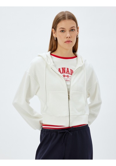 Koton Cepli Uzun Kollu Crop Kapüşonlu Fermuarlı Sweatshirt Ekru 5wak10056ek Ekru