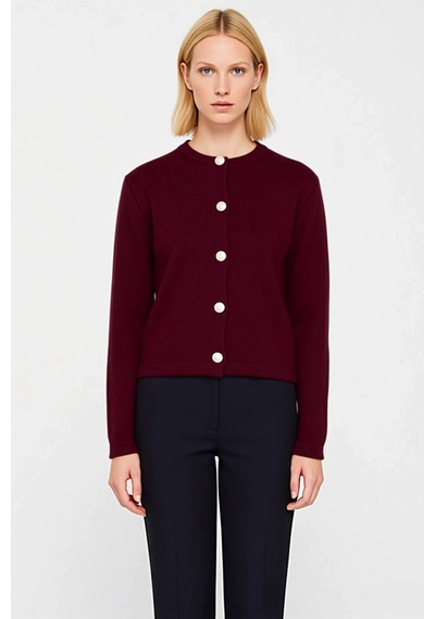 Benerly Kadın Basic Ceket Görünümlü Fitilli Triko Hırka Crop Kesim Uzun K Bordo