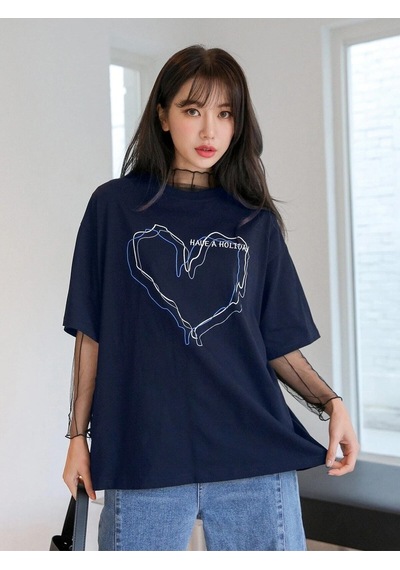 Flood Of Style Kadın Çizgili Figür Kalp Lacivert T-shirt Have A Baskılı