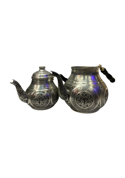 Gümüş Renkli Bakır İşlemeli Çaydanlık Gümüş