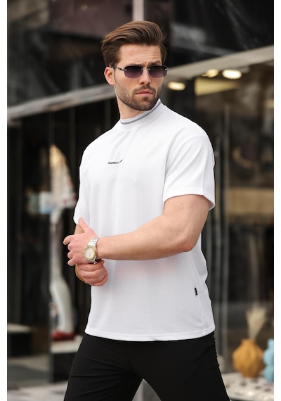 Madmext Beyaz Nakış Detaylı Basic Erkek T-shirt E7106 Beyaz