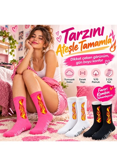 Teorastore Unisex Alev Desenli Çorap 3'lü Set Pamuklu Uzun Soket Dikişsiz Nefes Alan Günlük Spor Çorabı Yumuşak Çok Renkli