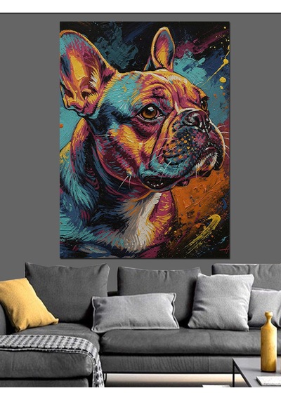 Ahşap Tablo Renkli Fransız Bulldog Portresi