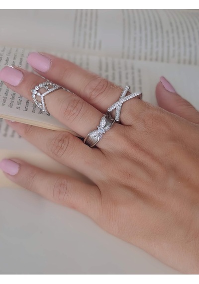 Kelebek Model Zirkon Taşlı Ayarlanabilir Silver Gümüş Renkli Yüzük Silver