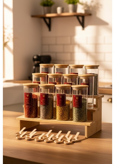 Nare - Bambu Standlı 12'li Vakumlu Kapaklı Ahşap Kaşıklı Etiketli Cam Baharatlık Cam Saklama Kabı