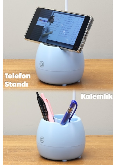 Şarjlı Masa Lambası Işık Ayarlanabilir Kalemlik Telefon Stand Ders Çalışma Okuma Işığı 0620 Turkuaz Turkuaz