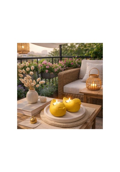 Balkon İçin 2'li Tabaklı Set Kuş Figürlü Mumluk Ve Mum Sarı