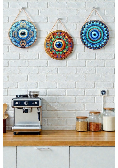 Nazar Boncuğu Kristal Mdf İpli Tablo Seti, 3 Lü Modern Duvar Dekoru, Salon, Oturma Odası, Ev İçin