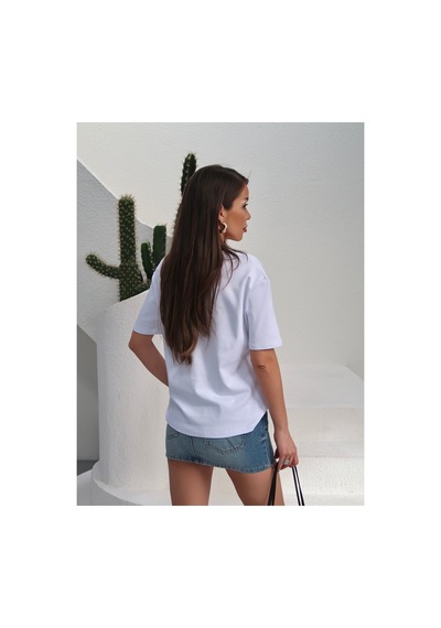Paw Garage Kadın Massi İnterlok Kumaş V Yaka Oversize T-shirt Beyaz