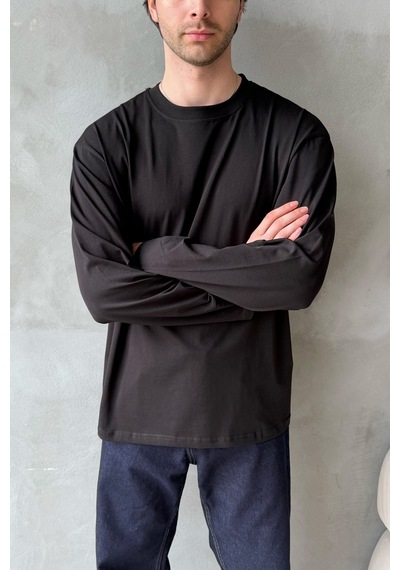 Erkek Oversize Uzun Kollu Basic T-shirt Siyah