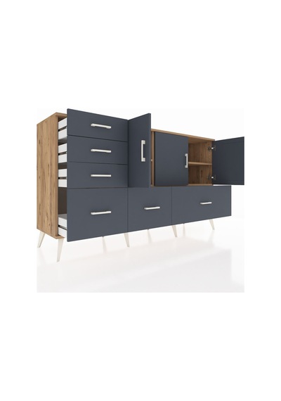 Kronos Konsol 4 Raflı 6 Çekmeceli 3 Kapaklı 176x59x99 Çam-antrasi Çam-antrasit