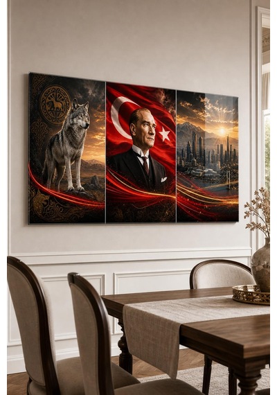Atatürk Türk Bayrağı Bozkurt Baskılı Cam Tablo Uv Baskı Dekoratif Duvar Tablosu
