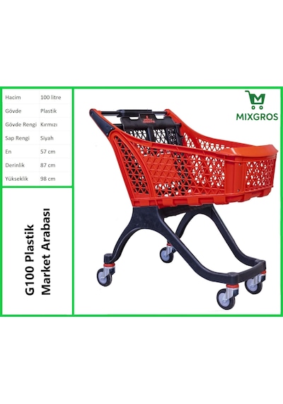 G100 Plastik Market Alışveriş Arabası 100 Litre Kırmızı