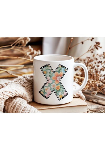 X Harfli Pastel Çiçek Desenli Kahve Kupası - Kişiye Özel Çiçekler Koleksiyonu Bardak - Hediye Beyaz