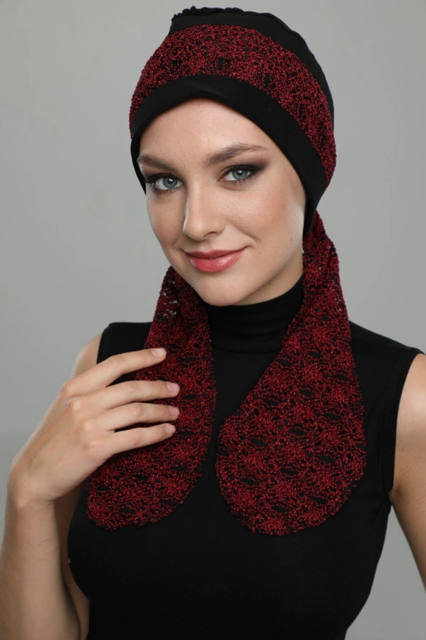 Elysianfidan Buklet Bandana Bağlamalı Siyah Bordo Hazır Türban Tesettür Bone Siyah-bordo