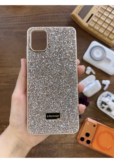 Samsung A06 Uyumlu Kadife İç Yüzey Tasarımlı Taşlı Işıltılı Parlak Pırlanta Kılıf Dia Plus Gold