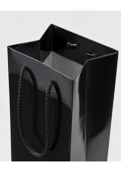 Şişelik İpli Siyah Karton Poşet, 1 Adet - 12x10x38 Cm, Kalın Yapı