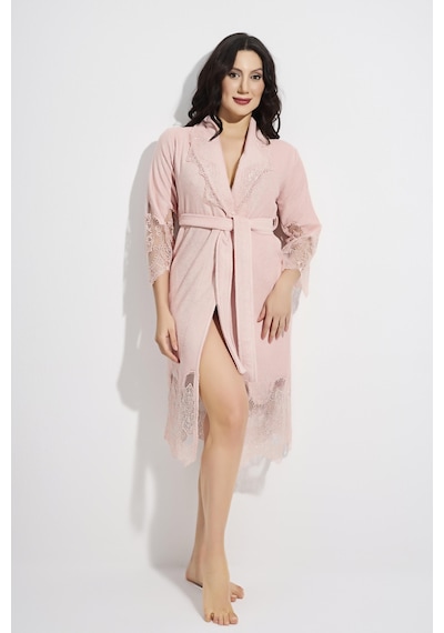 Dantelli Kısa Şalyaka Bukle Bambu Cotton Bayan Bornoz Pudra