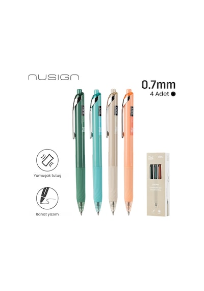 Nusign 0.7 Mm Jel Kalem Siyah Mürekkep Ergonomik Yazım Kalemi 4'lü