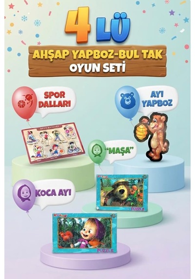 Eğitici Öğterici Ve Eğlenceli 4'lü Frame Yapboz Hikayeli Yapboz Ve Bul-tak Dörtlü Oyun Seti