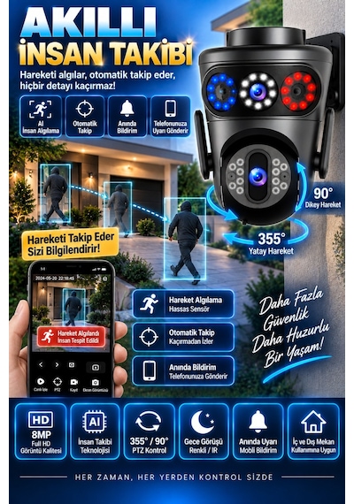 8mp Dual Lens Wifi Ptz Dış Mekan Güvenlik Kamerası Renkli Gece Görüş İnsan Takip Ip66 Rj45