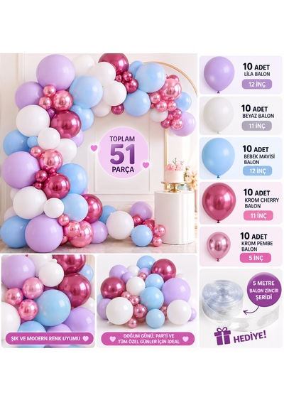 51 Parça Premium Balon Zinciri Seti Çok Renki