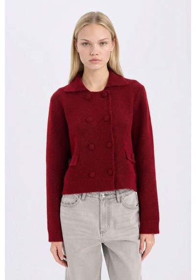 DeFacto Regular Fit Polo Yaka Basic Düz Düğmeli Triko Hırka E2289AX24WNBR93 Bordo