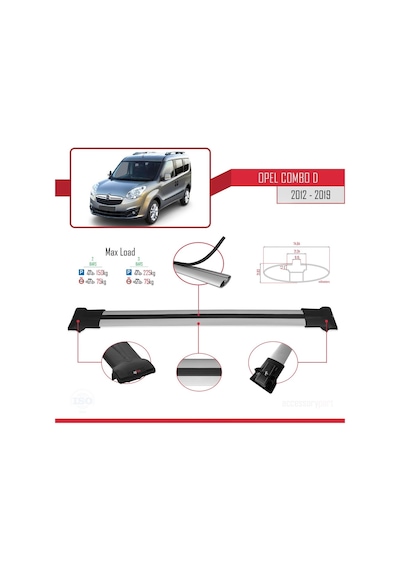 Opel Combo D 2012-2018 Arası İle Uyumlu Fly Model Ara Atkı Tavan Barı Gri