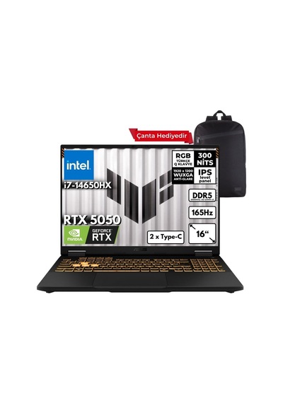 Asus TUF Gaming F16 FX608JHR-RV048ZG7 i7-14650HX 64 GB 2 TB SSD RTX5050 16" Free Dos Dizüstü Bilgisayar