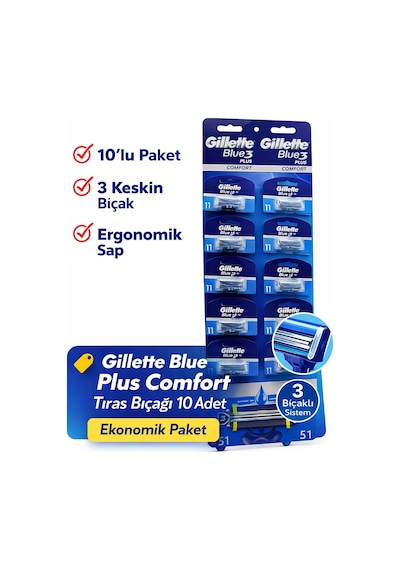 Gillette Blue 3 Plus Comfort Tıraş Bıçağı 10 Adet 3 Bıçaklı Ergonomik Saplı Erkek Tıraş Bıçağı Seti