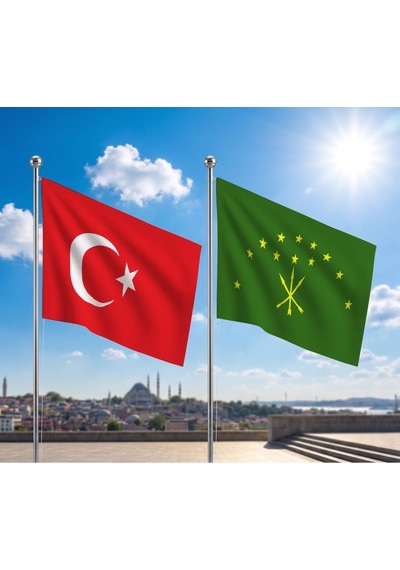 Adige Çerkes Cumhuriyeti Bayrağı Ve Alpaka Kumaş Türk Bayrağı 2'li Set 70x105cm Diğer