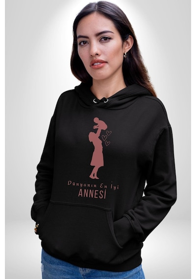 Anneler Günü Dünyanın En İyi Annesi Kadın Erkek Siyah Kapüşonlu Sweatshirt Hoodie Siyah